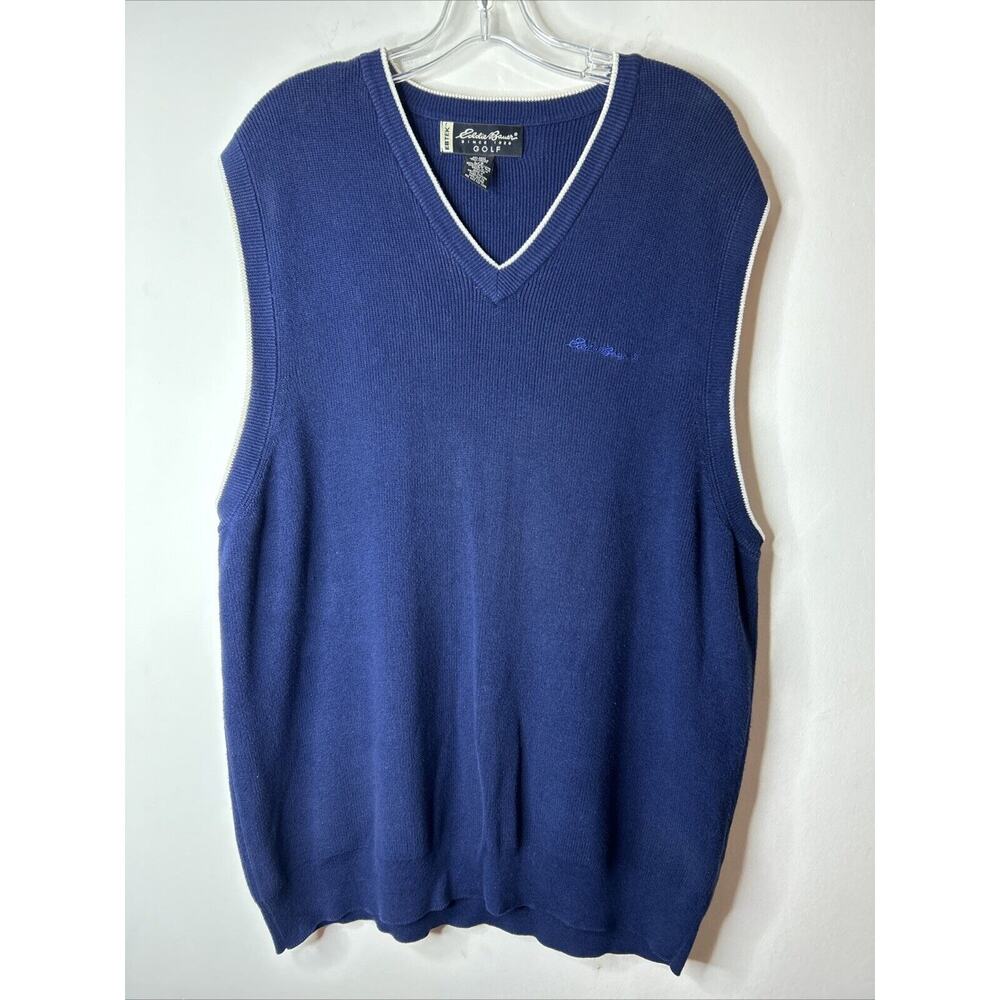 Eddie Bauer Golf Men’s Sweater Vest Size Large Tall Blue V Neck Knit Ebtek